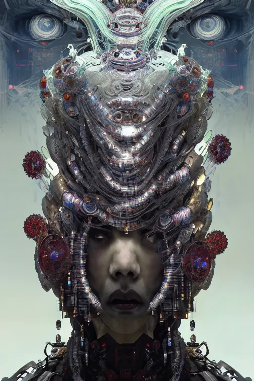 Image similar to asura from chinese myth, ghost, gorgeous and huge head ornaments, dystopian, cyberpunk, organic fractal mycelum and fungi, mecha, halfturn portrait of a big crystal face made of crystals half - turn, ominous, intricate, studio, art by anthony macbain + greg rutkowski + alphonse mucha, concept art, 4 k, sharp focus