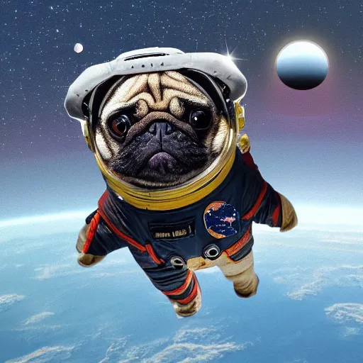 Image similar to hyper realistic, highly detailed, astronaut pug in space. solar eclipse in back.