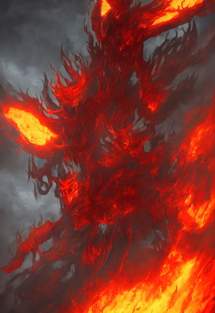 Image similar to fiery god as a demon in a fiery hell, eerie, dark, magical, fantasy, trending on artstation, digital art.