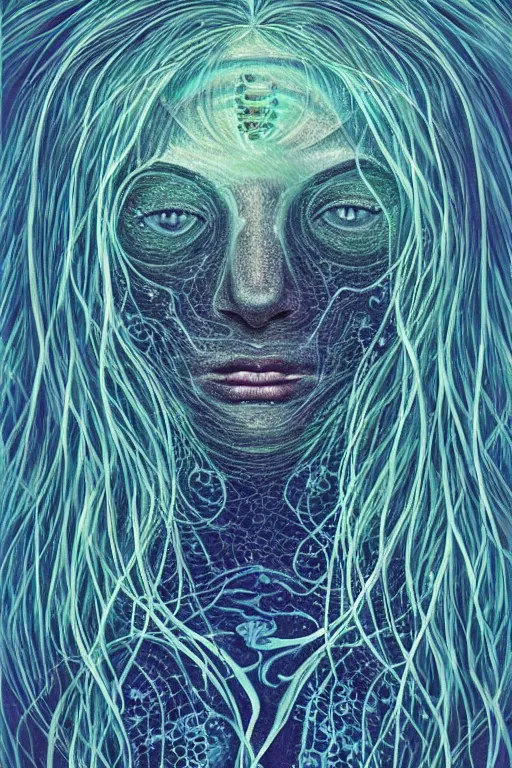 Prompt: dark underwater portrait of a Bioluminescent woman, with reaction diffusion semi-transparent skin. face closeup. long intricate dark hair, with jellyfish. very high detail, illustration, by alex grey