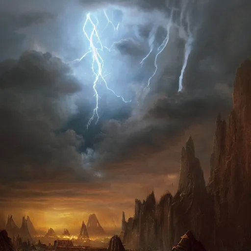 Prompt: gandalf casts a lightningbolt, dramatic light, night, thunderclouds, fantasy background, painted by stanley lau, painted by greg rutkowski, painted by stanley artgerm, digital art, trending on artstation