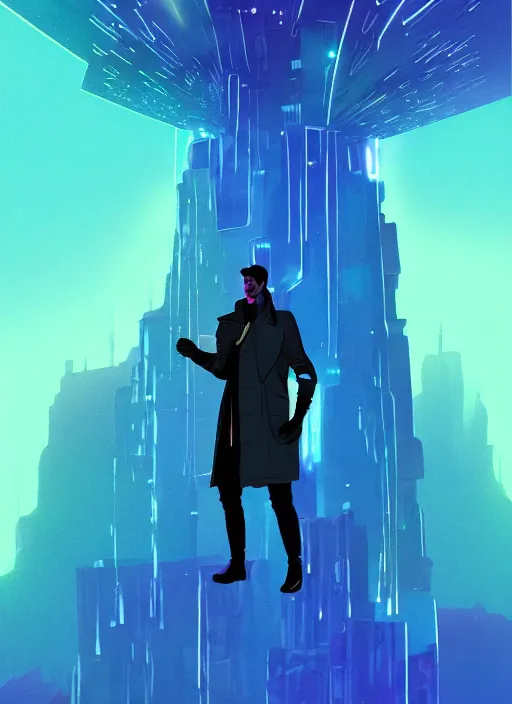 Image similar to comic book art of a [ man ] in trenchcoat with ( glowing ) [ gloves ] and [ boots ] in a [ jungle ] looking up at a [ tower ] extending into the sky made of crystalized glowing rock,, low angle, artstation illustration, elegant, cyberpunk, volumetric fog, arcane by tim doyle