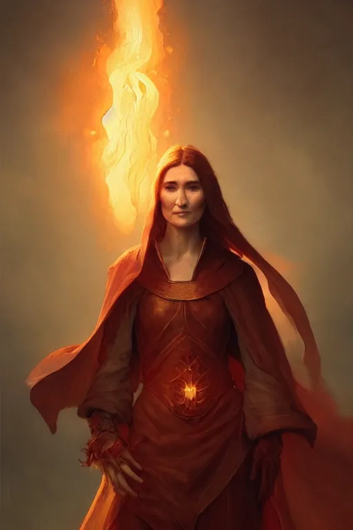 Image similar to carice van houten as a fire priest, only two hands, highly detailed, digital painting, artstation, concept art, smooth, sharp focus, illustration, unreal engine 5, 8 k, art by art by artgerm and greg rutkowski and edgar maxence