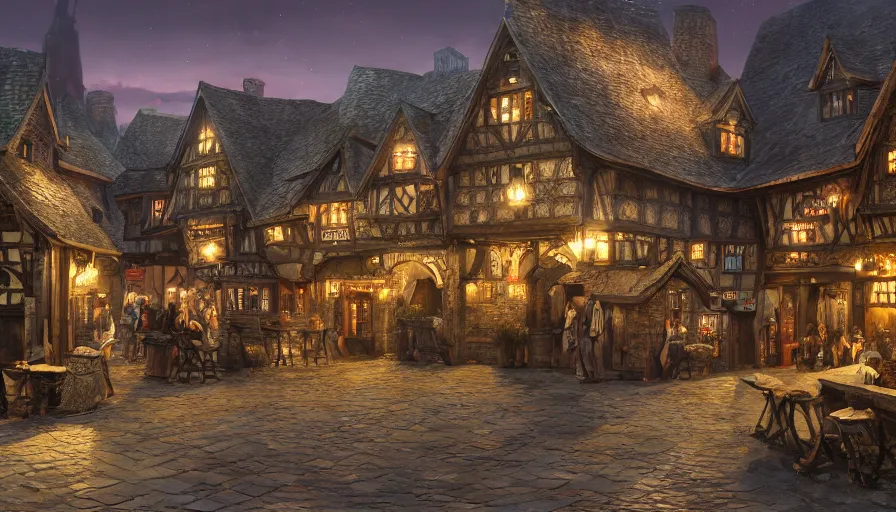 Image similar to Old English medieval village with taverns and restaurants at night paint by Nik Ainley and David Mcleod, hyperdetailed, artstation, cgsociety, 8k