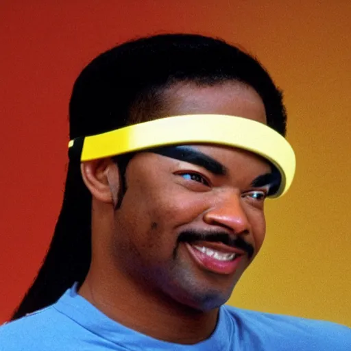 Image similar to Geordi LaForge wearing visor and a colander and random kitchen tools on his head