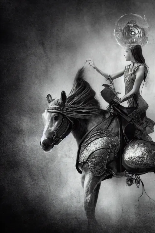 Image similar to self - transforming machine - elf riding horse and holding chalice in the style of nordic noir television, dmt fractal, moody photography, grayscale, double exposure, knight of cups, etteilla tarot