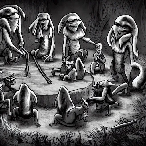 Image similar to black and white illustration by erol otus the pack of kobolds is crouched in a circle.