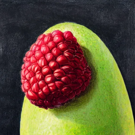 Image similar to an avocado and a raspberry watching the world on burn with fire, done in the style of old botanical illustrations, matisse, caravaggio, basquiat, japanese art, 4 k