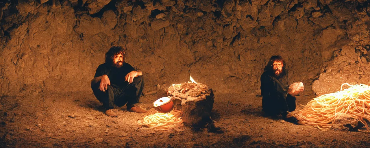 Image similar to a caveman sitting alone next to giant mound of spaghetti, fire in a cave at night, canon 5 0 mm, facial expression, cinematic lighting, photography, retro, film, kodachrome