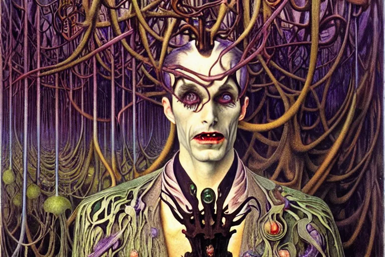 Image similar to realistic extremely detailed portrait painting of an elegantly creepy vampire man dressed as dracula, futuristic sci-fi forest on background by Jean Delville, Amano, Yves Tanguy, Alphonse Mucha, Ernst Haeckel, Edward Robert Hughes, Roger Dean, rich moody colours