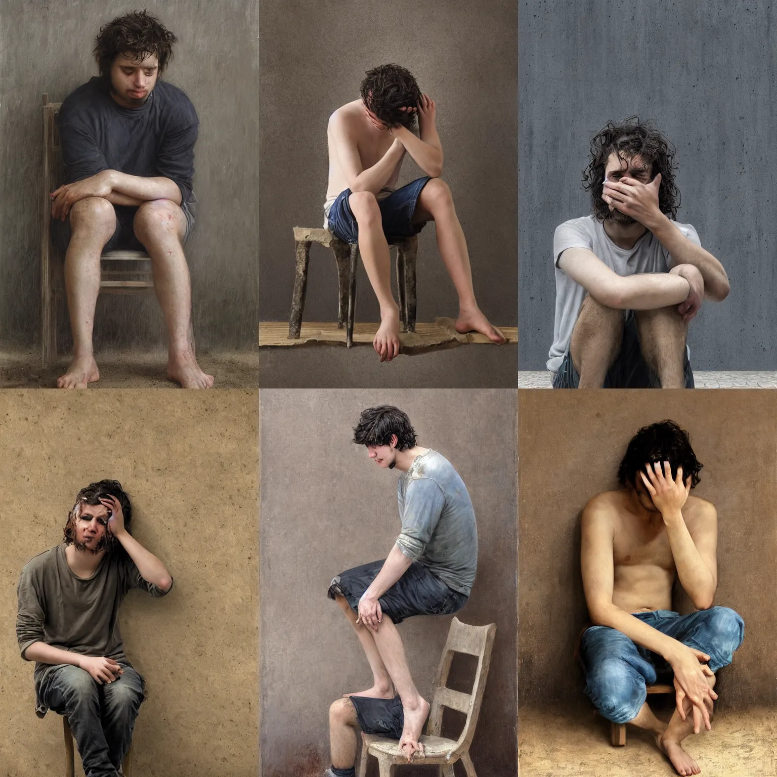 Prompt: A young man dirty wavy hair trying to cover his face with both hands seated on a wood chair and a concrete wall background by Alyssa Monks, Bouguereau; Full body; desperate face expression; hyper realism, Realistic proportions, dramatic lighting, high detail 4K