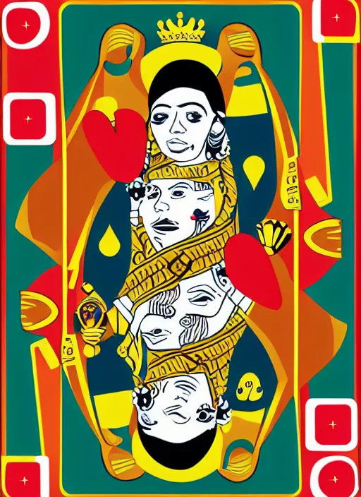 Image similar to playing card called the pregnant queen, 2D, vector art in the style of bycicle decks,