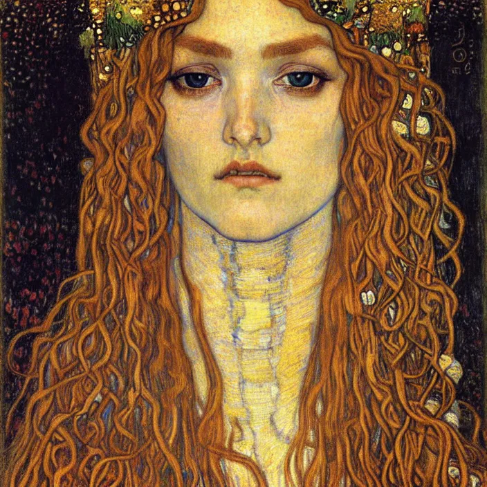 Image similar to detailed realistic beautiful young medieval queen face portrait by jean delville, gustav klimt and vincent van gogh, art nouveau, symbolist, visionary, gothic, pre - raphaelite, muted earthy colors, desaturated