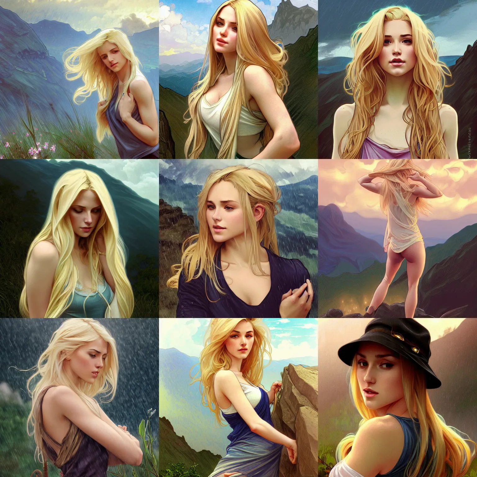 Prompt: a gorgeous woman with long light-blonde hair wearing a low cut tanktop, standing in the rain on top of a mountain, highly detailed, digital painting, concept art, sharp focus, illustration, art by artgerm and alphonse mucha
