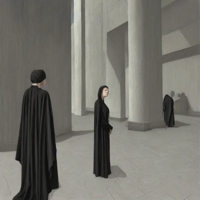 Image similar to woman in black robes, short skirt, in magnificent shopping mall, artstation, art by edward hopper, zdislav beksinski, wayne barlowe, edward hopper