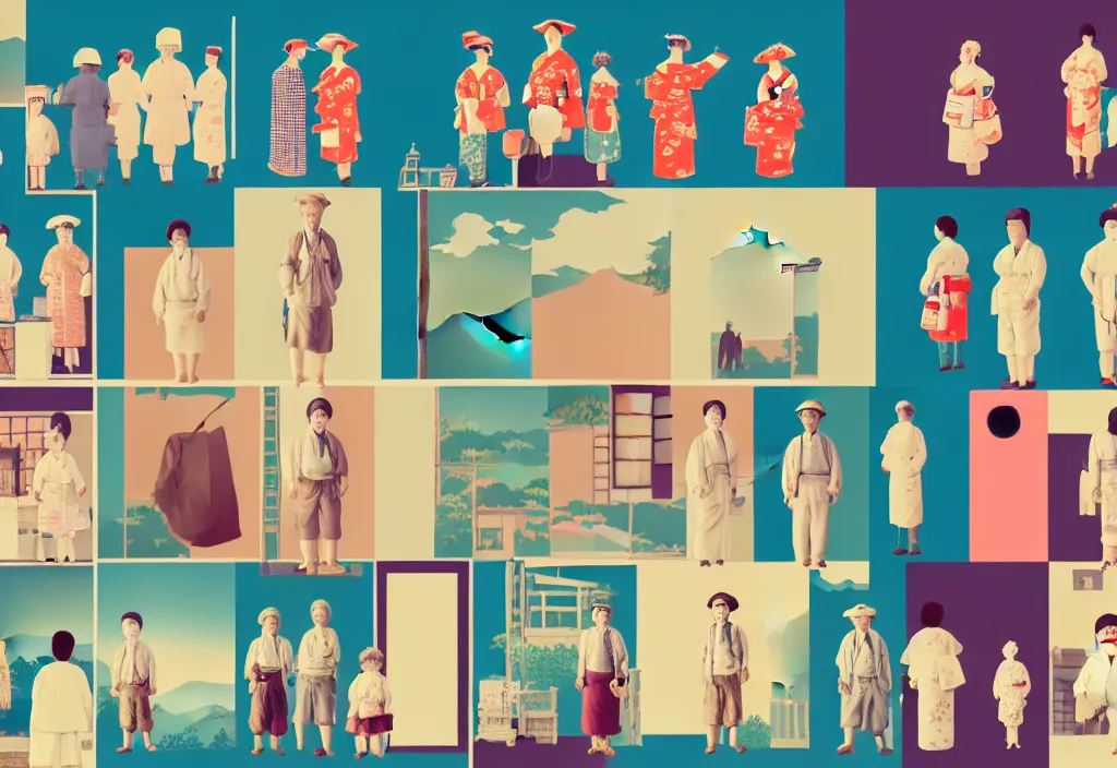 Image similar to full frame a single image, a row of a several european tourists standing with a variety of poses and props, several character designs, rural japan, a collage painting, in the style of wes anderson, lola dupre, david hockney, isolated on negative white space background dark monochrome neon spraypaint accents volumetric octane render