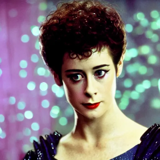 Image similar to close up portrait of a young sean young as rachael tyrell in blade runner at tyrell headquarters photographed by annie leibovitz, artdeco, cyberpunk, colorful!, nighttime!, raining!