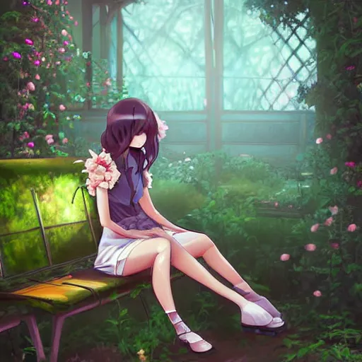 Prompt: advanced digital art. an abandoned train station overgrown with vines and flowers. A beautiful girl is sitting on a bench reading. Digital Anime painting. Sakimichan, WLOP, RossDraws, pixivs, Makoto Shinkai. —H 2160
