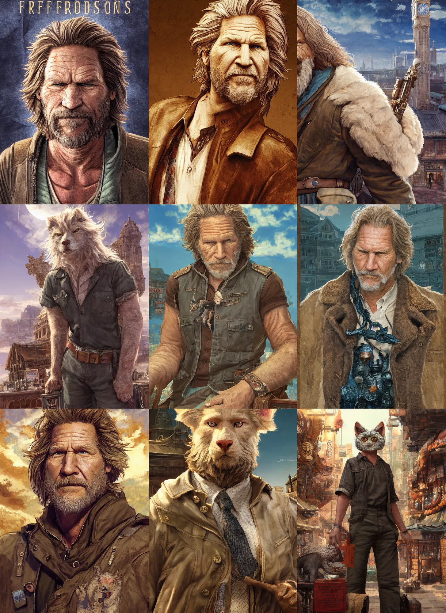 Prompt: full body character fursona portrait of jeff bridges with gorgeous detailed eyes in the marketplace in the sky, color page, tankoban, 4 k, tone mapping, doll, akihiko yoshida, james jean andrei riabovitchev marc simonetti, yoshitaka amano, h. hydrochaeris