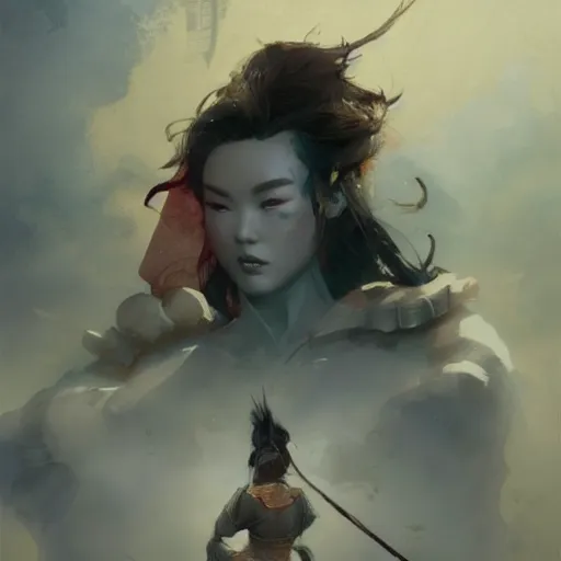 Prompt: god emperess mulan in the style of craig mullins, greg rutkowski, peter mohrbacher, and drew struzan. epic, majestic, awe inspiring, god rays, fissures, divine, church painting, intricate armor, extreme detail, high octane,