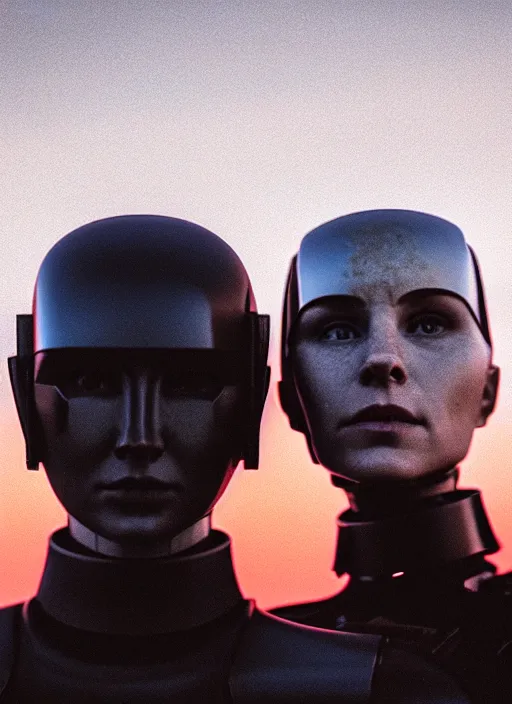 Image similar to cinestill 5 0 d photographic portrait of two loving female androids wearing rugged black techwear on a desolate plain with a brutalist monument and a red sky, extreme closeup, cyberpunk style, dust storm, 8 k, hd, high resolution, 3 5 mm, f / 3 2, ultra realistic faces, ex machina