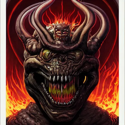 Image similar to doom giger venom demon portrait in hell, fire and flame , Pixar style, by Tristan Eaton Stanley Artgerm and Tom Bagshaw.