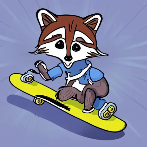 Image similar to cartoon illustration of a raccoon riding a skateboard