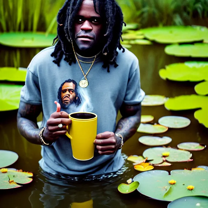 Image similar to Kodak Portra 400, 8K, soft light, volumetric lighting, highly detailed, britt marling style 3/4 ,portrait photo of chief keef holding a cup of lean and a blunt, the face emerges from the water of a pond with water lilies, inspired by Ophelia paint , a beautiful scenery with highly detailed realistic weed smoke , Realistic, Refined, Highly Detailed, natural outdoor soft pastel lighting colors scheme, outdoor fine art photography, Hyper realistic, photo realistic