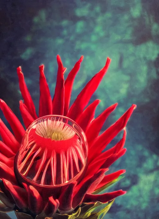 Prompt: red weird glass flower, protea pinwheel, glass flower, universe back ground, full top view, photorealism, hyperrealism, sun light, beksinska, rembrandt, hyper detail
