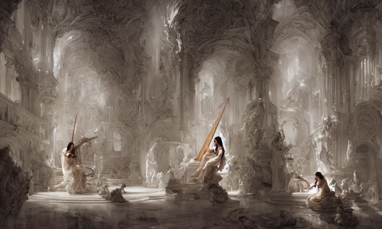 Prompt: a luminous fairytale of a beautiful realistic woman playing the harp in a baroque white marble cathedral. Neon light, masterpiece 4k digital illustration by Ruan Jia and Mandy Jurgens and Artgerm and William-Adolphe Bouguereau, award winning, Artstation, Gustave Dore' background, intricate details, realistic, panoramic view, volumetric lighting, Hyperdetailed, 8k resolution, intricate art nouveau, sharp focus, smooth, colorful, rendered in Unreal Engine 3