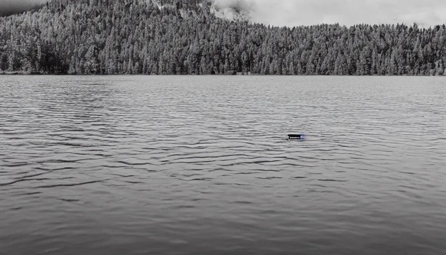 Image similar to photograph of a centered rope floating on the surface of the water, the rope is snaking towards the center of the lake, a dark lake on a cloudy day, anamorphic lens, kodak color film stock