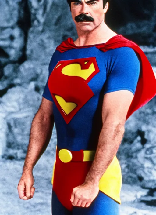 Image similar to film still of tom selleck as superman in superman, 4 k