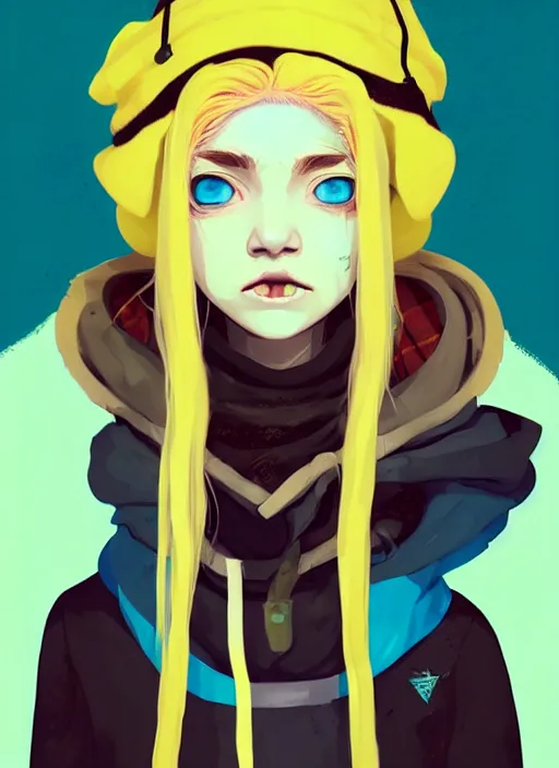 Prompt: highly detailed portrait of a sewer punk lady student, blue eyes, tartan hoody, hat, white hair by atey ghailan, gradient yellow, black, brown and cyan color scheme, grunge aesthetic!!! ( ( graffiti tag wall ) )