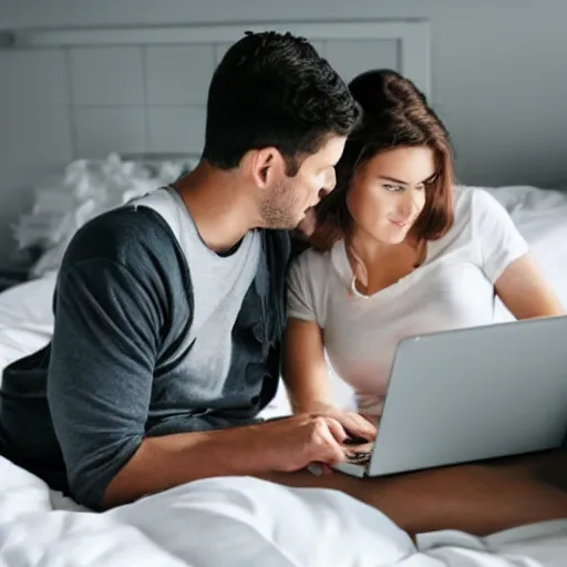 Image similar to man and woman in bed working on their laptops