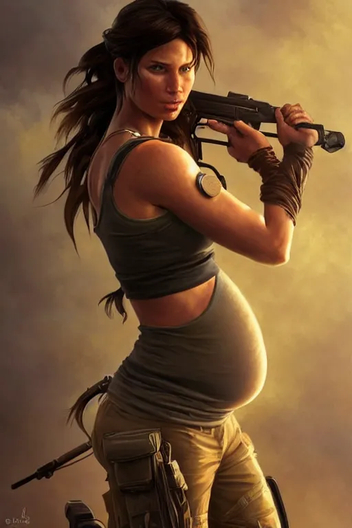 Image similar to pregnant lara croft in a tank top, realistic portrait, symmetrical, highly detailed, digital painting, artstation, concept art, smooth, sharp focus, illustration, cinematic lighting, art by artgerm and greg rutkowski and alphonse mucha