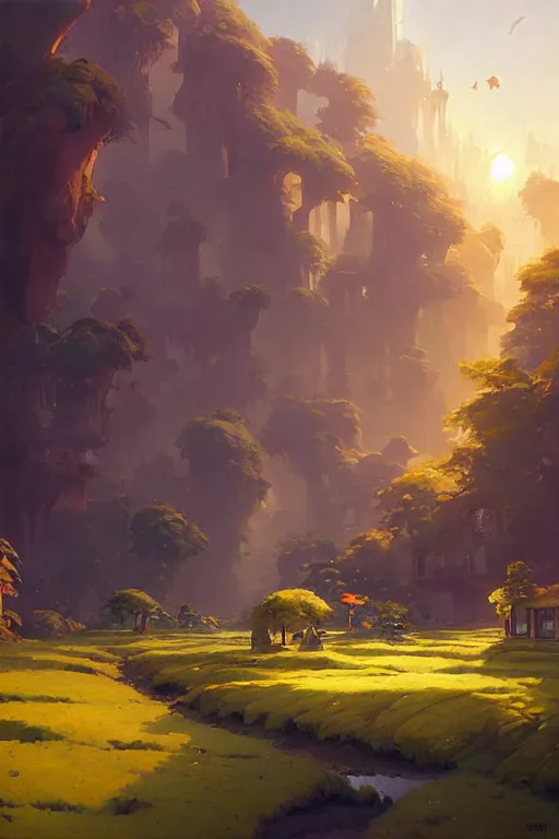 Image similar to solarpunk landscape,, andreas rocha style, james gurney, rhads