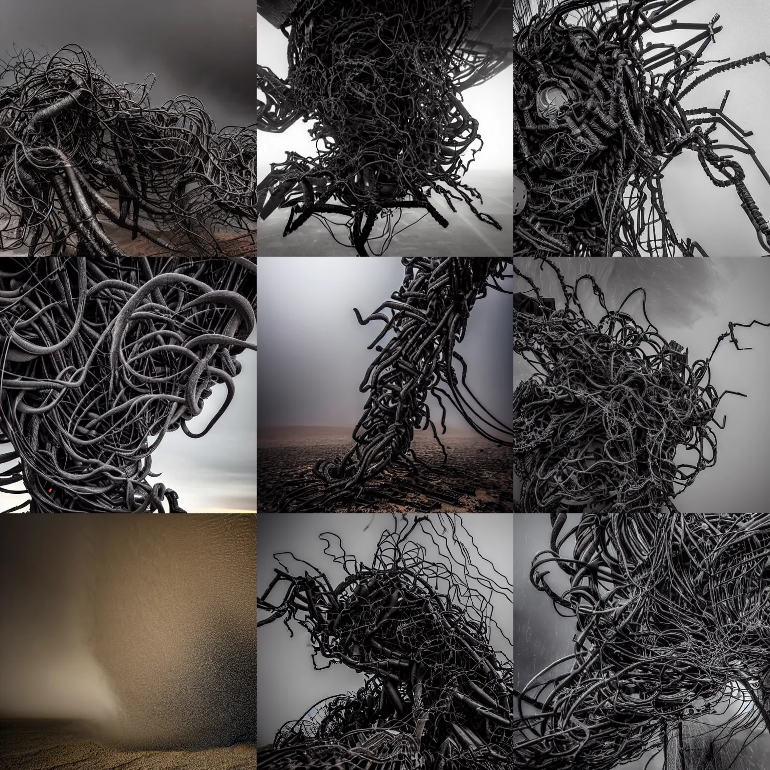 Prompt: close shot. dark black massive flowing intricate interwoven sandstorm cloud swirling, rotating, spinning whirlwind, intertwined surrounding a broken ruin humanoid mech trunk, sandstorm, windstorm, winter storm, turnado, broken ruin armored core trunk, gear, wire, screw,