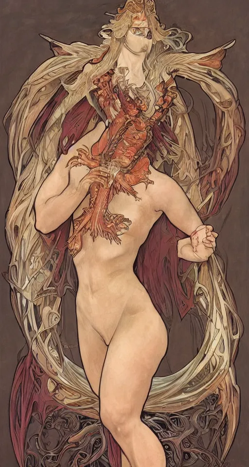 Prompt: 3/4 body portrait of the firedragon quee by artgerm and H R Giger and alphonse mucha, Dragon in dragon lair, HD, full body dragon concept, flying dragon, Human body with dragon features, beautiful queen, perfect face, fantasy, intricate, elegant, highly detailed, digital painting, artstation, concept art, smooth, sharp focus, illustration, ray tracing, 4k realistic 3d rendered portrait, soft shading, soft colors, relaxed colors, hyperdetailed, wide angle lens, fantasy, futuristic horror, armor style of giger