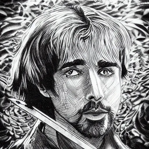 Image similar to pen and ink!!!! attractive 22 year old geotic George Harrison x Ryan Gosling golden!!!! Vagabond!!!! Dune floating magic swordsman!!!! glides through a beautiful!!!!!!! battlefield magic the gathering dramatic esoteric!!!!!! pen and ink!!!!! illustrated in high detail!!!!!!!! by Moebius and Hiroya Oku!!!!!!!!! graphic novel published on Cartoon Network MTG!!! 2049 award winning!!!! full body portrait!!!!! action exposition manga panel