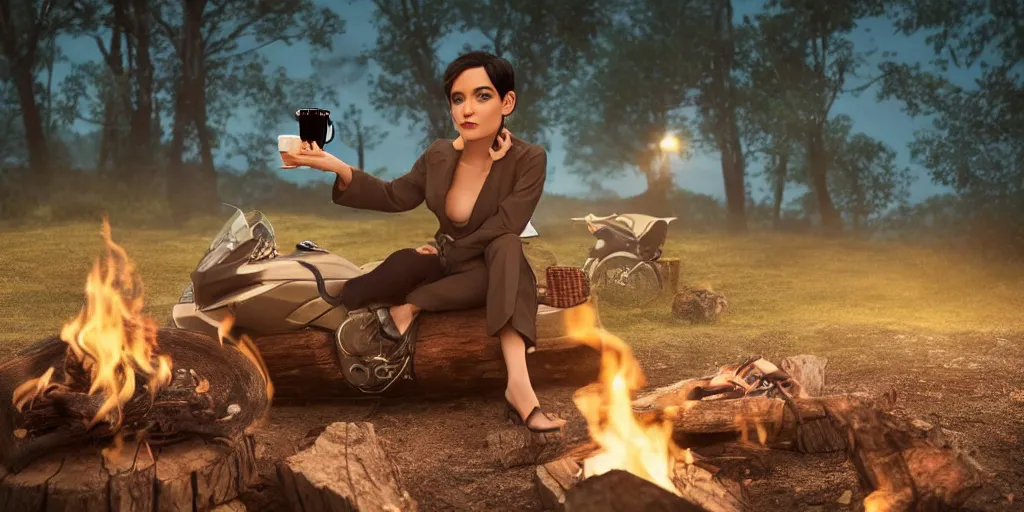 Image similar to A Z-brush octane render of a girl with short black hair and green eyes in a tan trenchcoat sitting on a log and drinking tea by the campfire by her motorcycle at night under the stars, elegant scene, beautiful landscape in the background, wide angle, cinematic lighting, atmospheric, ultrarealistic, trending on artstation, cgsociety, highly detailed, color graded, in the style of craig mullins, rendered in Unreal Engine 4k HQ, horizon forbidden west
