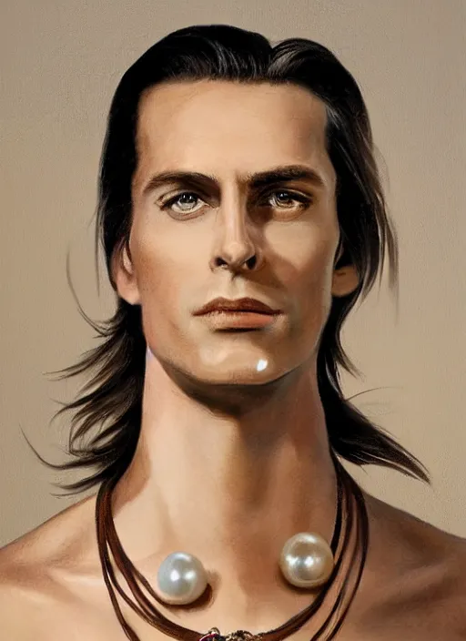 Prompt: Tarzan with long dark brown slicked back hair shoulder length slicked back hair, with pearl necklace and pearl earing, in the museum, in white turtleneck shirt, Tarzan, painting in the museum, highly detailed, sharp focus, digital painting