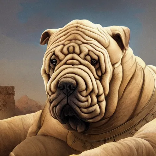 Image similar to A big shar pei dog wearing mesopotamian battle armor, D&D, highly detailed, digital painting, artstation, concept art, sharp focus, illustration, cinematic lighting, art by artgerm and greg rutkowski and alphonse mucha