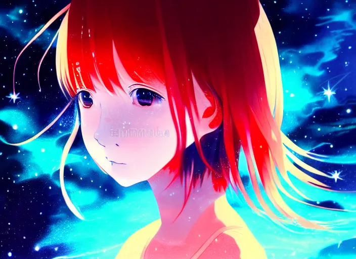 Image similar to anime portrait of a young girl floating inside a nebula, Karolis Strautniekas,omoide emanon, tsuruta kenji, murata range,kawaii, kyoto animation, manga, intricate, detailed, studio lighting, orange red black white, gradation,editorial illustration, matte print, Ilya Kuvshinov