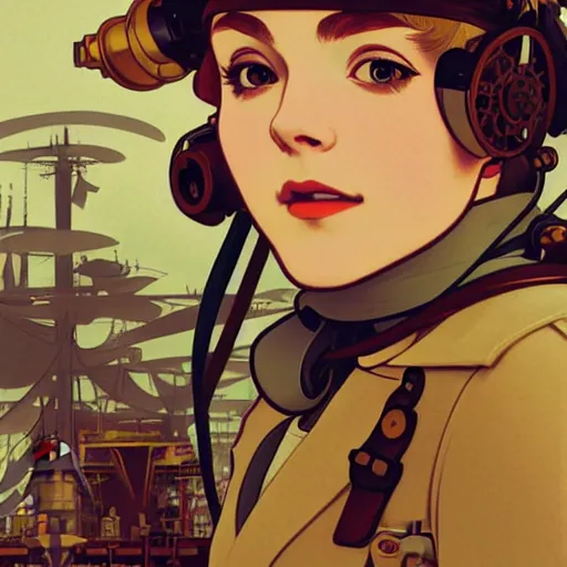 Image similar to Portrait of annasophia robb as an airship mechanic at her crammed workbench, steampunk, defined facial features, highly detailed, busy, artstation, official artbook, official Kyoto Animation and Studio Ghibli anime screenshot, by Ilya Kuvshinov and Alphonse Mucha