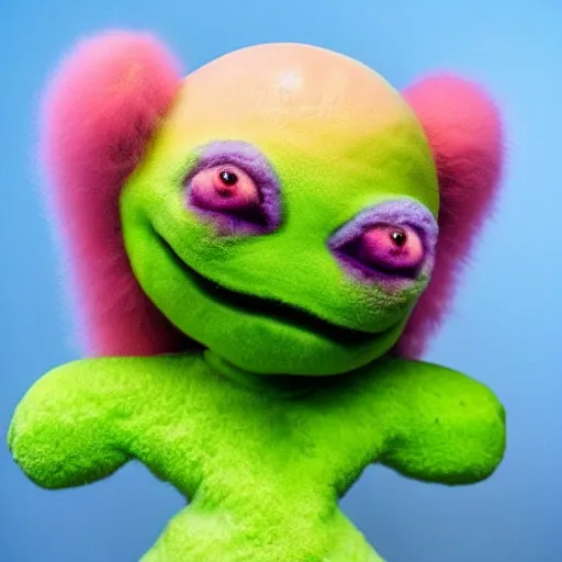 Image similar to an alien with a face that looks like a fuzzy peach the peach is fuzzy pink warm and ripe the alien has horns and a mean smile, 4k, highly detailed, high quality, amazing, high particle effects, glowing, majestic, soft lighting