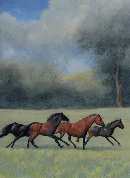 Prompt: three horses running in a field, by ansin martin