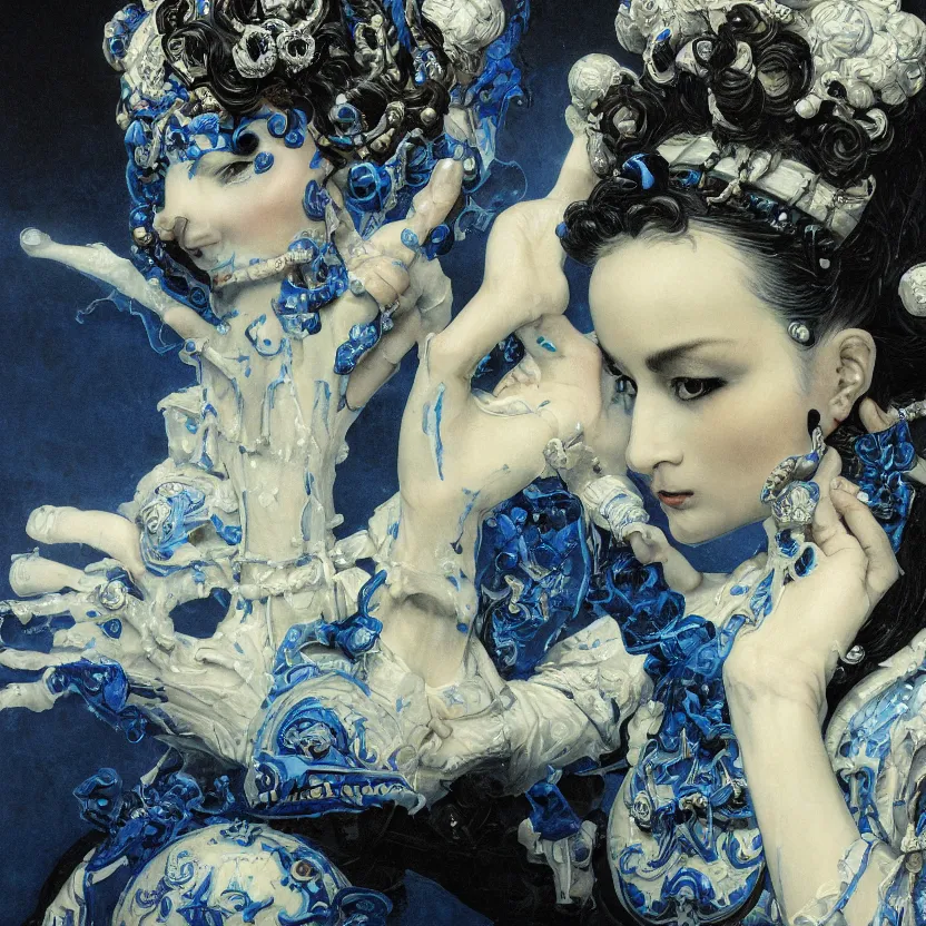 Image similar to a dark baroque close - up portrait of an ornate blue and white porcelain being made out of white sci - fi vitrified translucent ceramic marble ; china. reflective detailed textures. gloomy black background. highly detailed fantasy science fiction painting by moebius, norman rockwell, frank frazetta, and syd mead. rich colors, high contrast. artstation