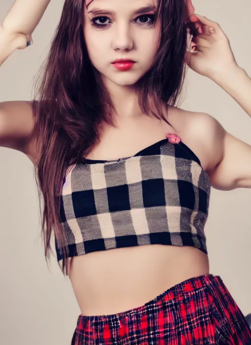 Prompt: gorgeous teen girl in plaid mini skirt and crop top, beautiful face, intricate, extremely detailed, modeling photography, 8 0 mm camera, dramatic lighting, dark room, body and face