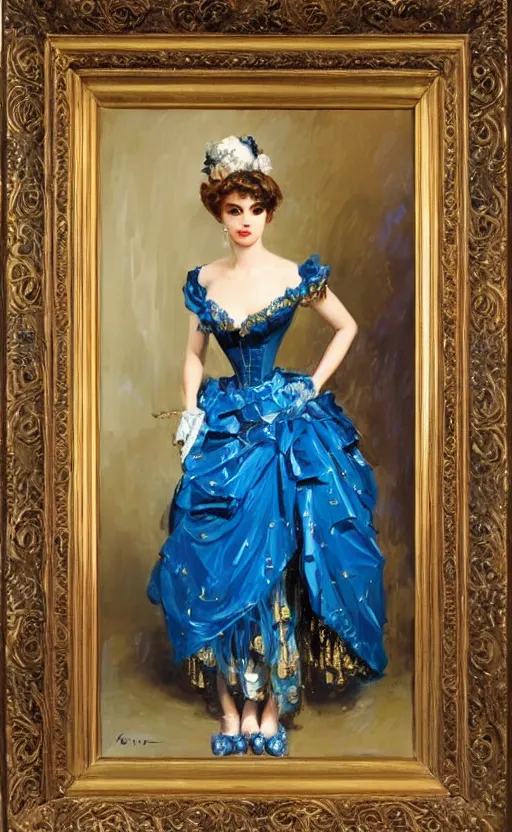 Image similar to Elegant laydy in blue robotic victorian dress with gold ornaments. By Konstantin Razumov, highly detailded