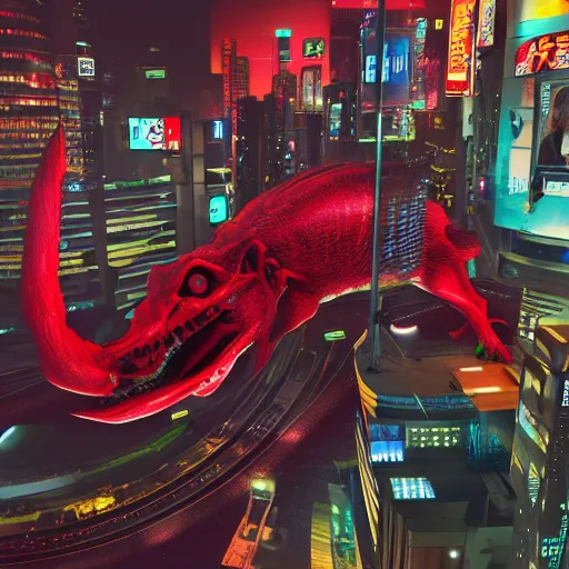 Prompt: a surreal 3 d octane render light tracing scene of a futuristic tokyo at night and a huge red water beast made of bones and muscle and blood is engrossing half the city. award winning trending on art station pixar lisa frank